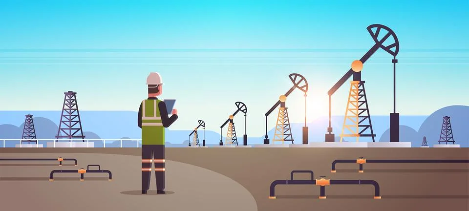 Male engineer refinery worker using tablet oil pump rig energy industrial zone Stock Illustration