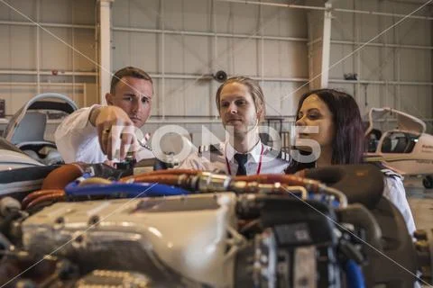 Male engineer showing airplane engine to trainees while standing in hangar Stock Photos