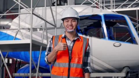 Male Engineer Showing Thumbs Up To The Camera and Inspecting Helicopter Stock Footage 312126686