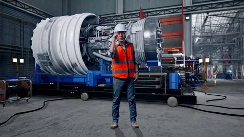 Male Engineer Showing Thumbs Down And Shaking His Head With Jet Engine Stock Footage 306602195