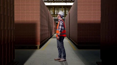 Male Engineer Smiling And Showing Green Screen Laptop With Brick In Stacks Stock Footage 303761253