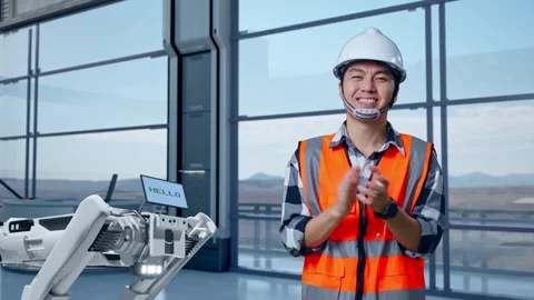 Male Engineer Smiling To The Camera And Clapping Hands in High Tech Factory Stock Footage 274359671