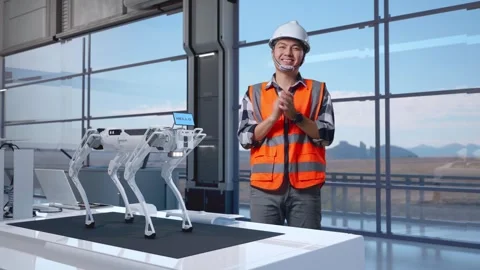 Male Engineer Smiling To The Camera And Clapping Hands in High Tech Factory Stock Footage 274360218