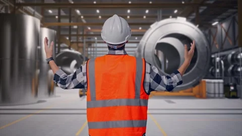 Male Engineer Spreading Arms at Heavy Factory Stock Footage 340818226