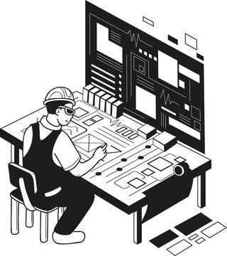 Male engineer supervising construction work illustration in doodle style Stock Illustration