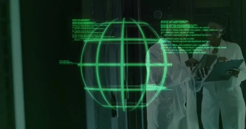Male engineer tapping tablet while woman tech pointing code lines globe glowing Stock Footage 327962251