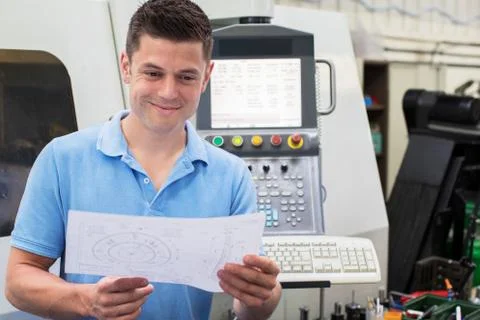 Male Engineer With Technical Drawing Operating CNC Machine In Factory Stock Photos