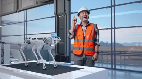Male Engineer Thinking Then Raising His Index Finger in High Tech Factory Stock Footage 274360176