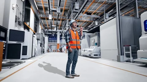 Male Engineer Thinking Then Raising His Index Finger At Factory Digitalization Stock Footage 276928613
