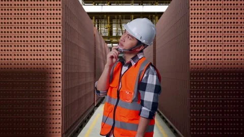 Male Engineer Thinking Then Raising His Index Finger With Brick In Stacks Stock Footage 303759942