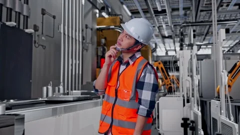 Male Engineer Thinking Then Raising His Index Finger, Battery Factory Stock Footage 314934512