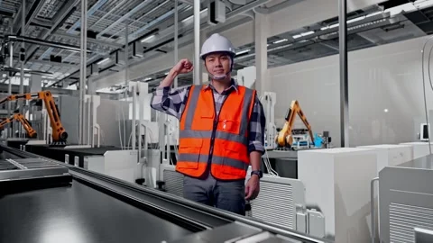 Male Engineer Thinking Then Raising His Index Finger, Battery Factory Stock Footage 314935296