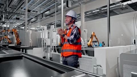 Male Engineer Thinking Then Raising His Index Finger, Battery Factory Stock Footage 314935562