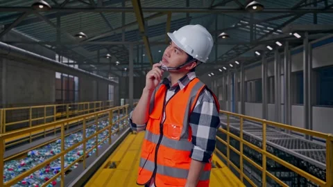 Male Engineer Thinking Then Raising His Index Finger, Plastic Recycling Factory Stock Footage 315152353