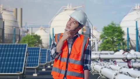 Male Engineer Thinking Then Raising His Index Finger at Energy Complex Stock Footage 330180367