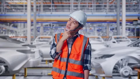 Male Engineer Thinking Then Raising His Index Finger In Car Factory Stock Footage 331576337