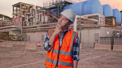 Male Engineer Thinking Then Raising His Index Finger at Gas Plant Stock Footage 337760490