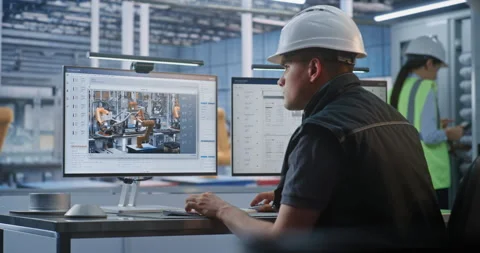 Male Engineer Tracking CAD Diagrams and Robotics Data inside Automated Vehicle Stock Footage 344384349