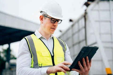 Male engineer using tablet while wearing equipment safety vest 스톡 사진