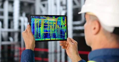 Male Engineer Using Thermal Camera In Oil Refinery For Inspection. Foto stock