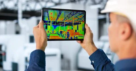 Male Engineer Using Thermal Camera In Factory For Inspection Of Insulation. Stock Photos