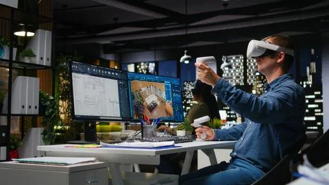 Male engineer using VR headset and AI on interior design software Stock Photos