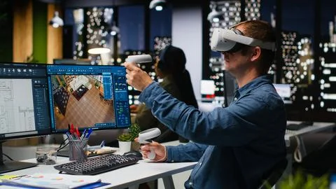 Male engineer using VR headset and AI on interior design software Stock Photos