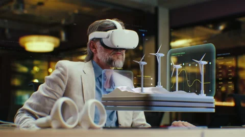 Male engineer watches VR project with wind turbines Stock Footage 236721152