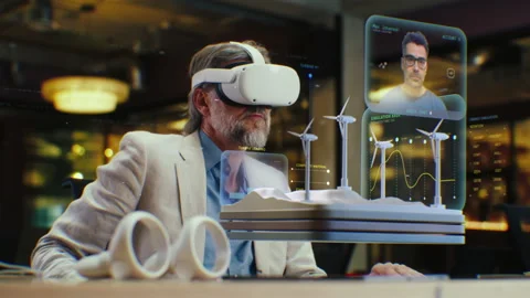 Male engineer watches VR project with wind turbines Stock Footage 236817023