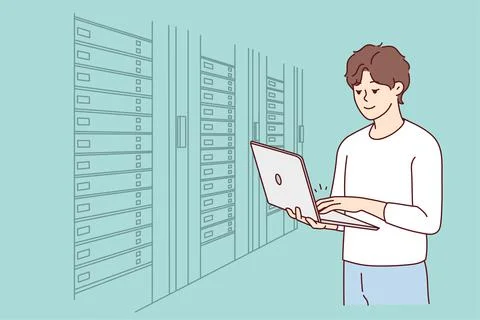 Male engineer work in server room Stock Illustration