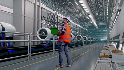 Male Engineer Working On A Green Screen Smartphone, Aircraft Engine Factory Video stock 314591279