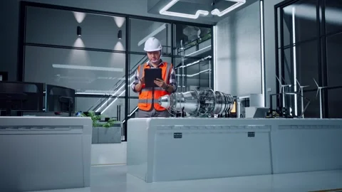 Male Engineer Working On A Tablet With Electric Engine Video stock 275136143
