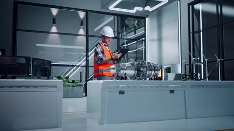 Male Engineer Working On A Tablet With Electric Engine Video stock 275136279