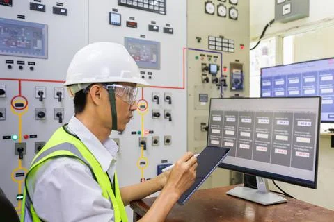 Male engineerr working in electrical control room in the heavy factory. Profe Stock Photos