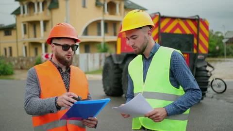 Male engineers solve flood problem. Devastation wrought after massive disasters Vidéo 135385009