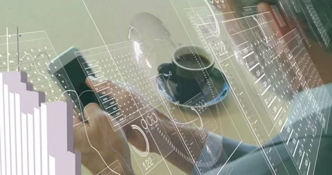 Male exec tapping phone at table sparking layered data panels over cup, phone Stock Footage 328383897