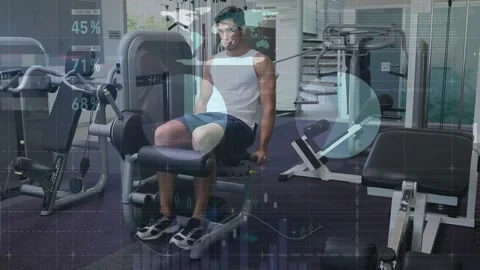 Male exerciser beginning leg-extension rep on seated machine in gym, animated 스톡 동영상 331062316