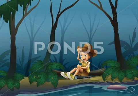 A male explorer relaxing near the riverbank Stock Illustration