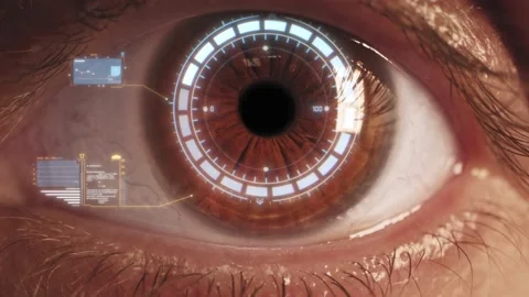 Male eye close up technological 3d eye scan. Augmented reality. Face id. Stock-Footage 149039435