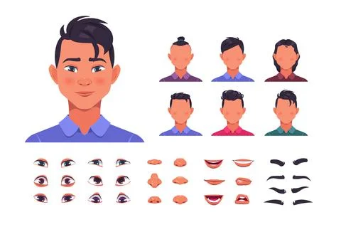 Male face constructor. Man character avatar kit with hair and face shapes. Eyes Illustrazione stock