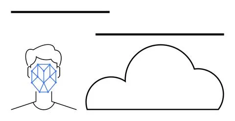 Male face with geometric recognition pattern next to large cloud line drawing イラスト素材