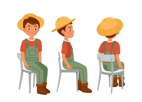 Male farmer constructor. Boy in overall sit at chair. Kit for creating cartoons Stock Illustration