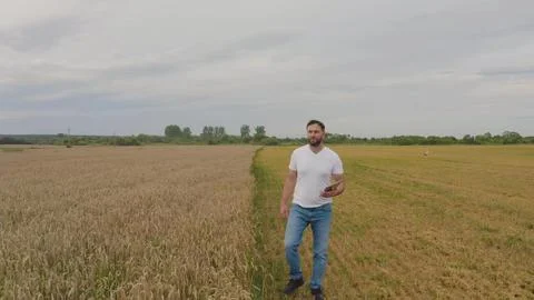 Male farmer with tablet computer in wheat field walking and checking wheat .. Stock Photos