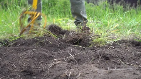 Male farmer using hand-held soil drilling cultivator tool for prepare the soil Stock Footage 248855477
