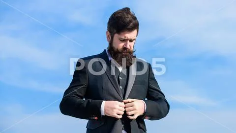 Male fashion formal menswear. Fashion trend. Guy beard and mustache wear formal Stock Photos