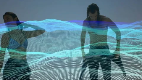 Male, female models posing in studio dotted mesh moving across causing swim hair Stock Footage 331276101