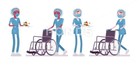 Male, female nurse doing medical procedure, pushing wheelchair Stock Illustration