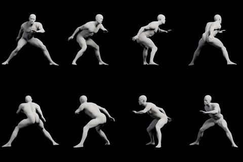Male figure model dynamic running pose multi-view collage Stock-Illustration