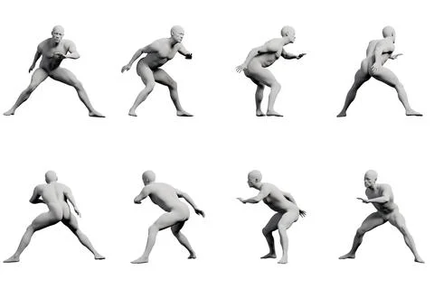Male figure model dynamic running pose multi-view collage Stock-Illustration