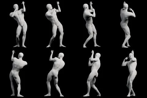 Male figure model gesturing assertively across multiple views Stock Illustration